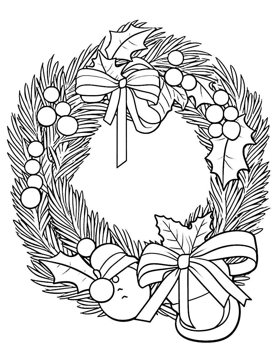 Festive Christmas Wreath Coloring Page - A detailed Christmas wreath with various holiday-themed items incorporated.