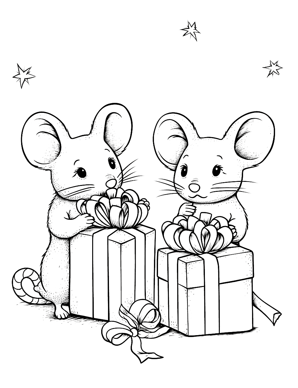 A Very Mice Christmas Coloring Page - Cute little mice exchanging cheese-shaped presents.