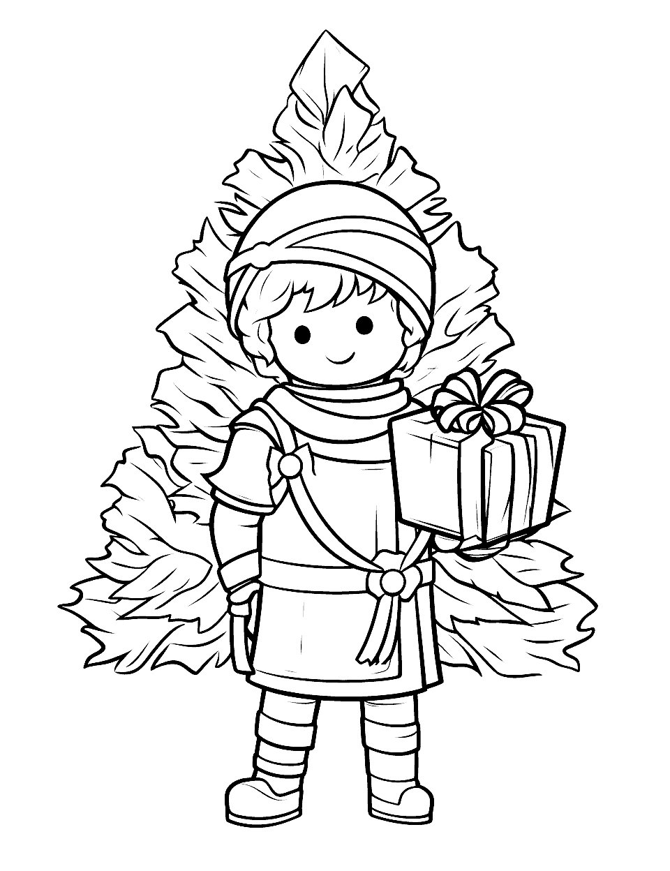 Little Gift Bringer Christmas Coloring Page - A small child in a knitted hat and a belted tunic carries a wrapped present, standing in front of a tree that fills the whole background. The figure is chunky and the tree is leafy and detailed, so there is an easy part and a slow part on one page. Warm colors on the child against a dark tree make the gift the center.