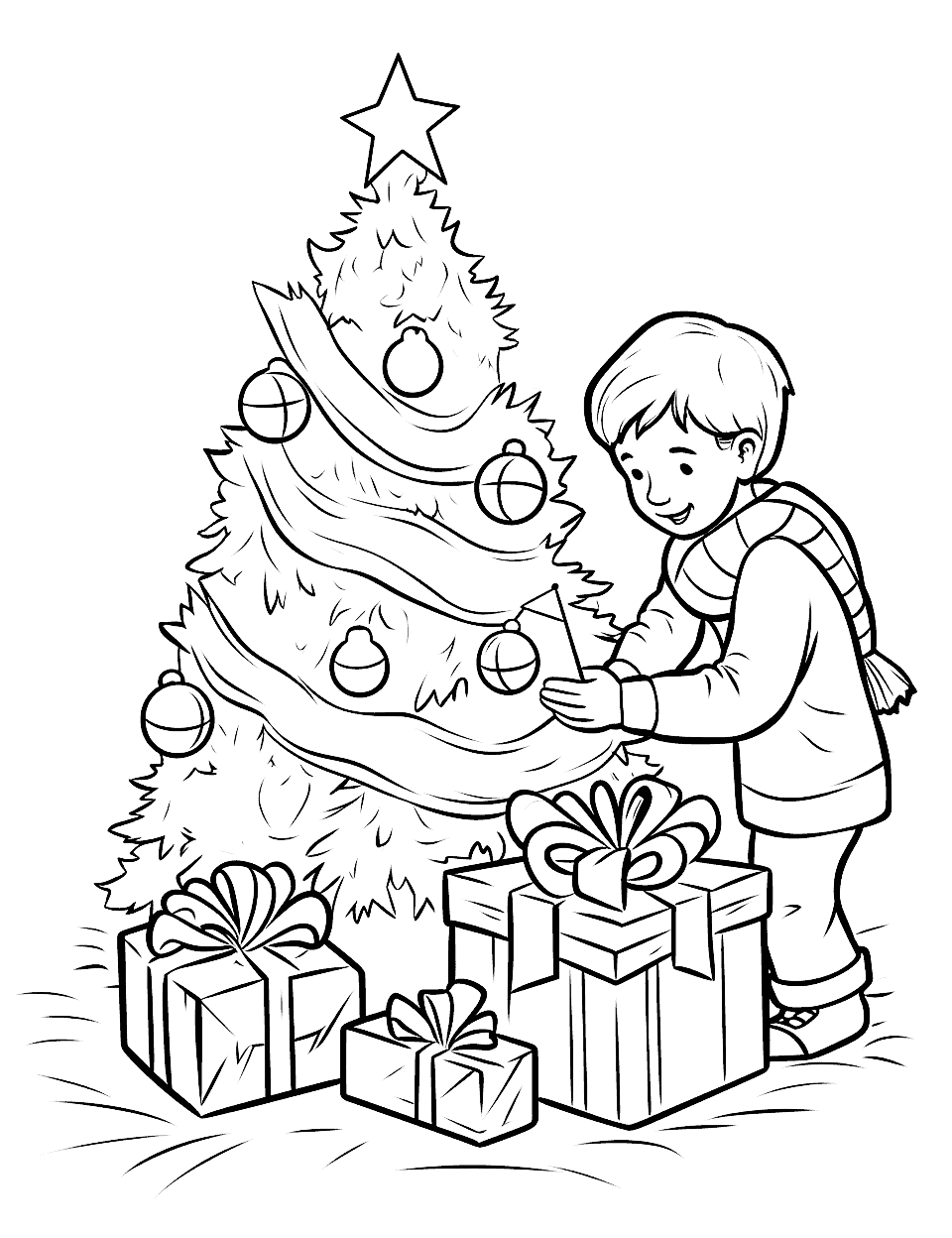The Magic of Christmas Coloring Page - Kids waking up to find presents under the tree, capturing the magic of Christmas morning.