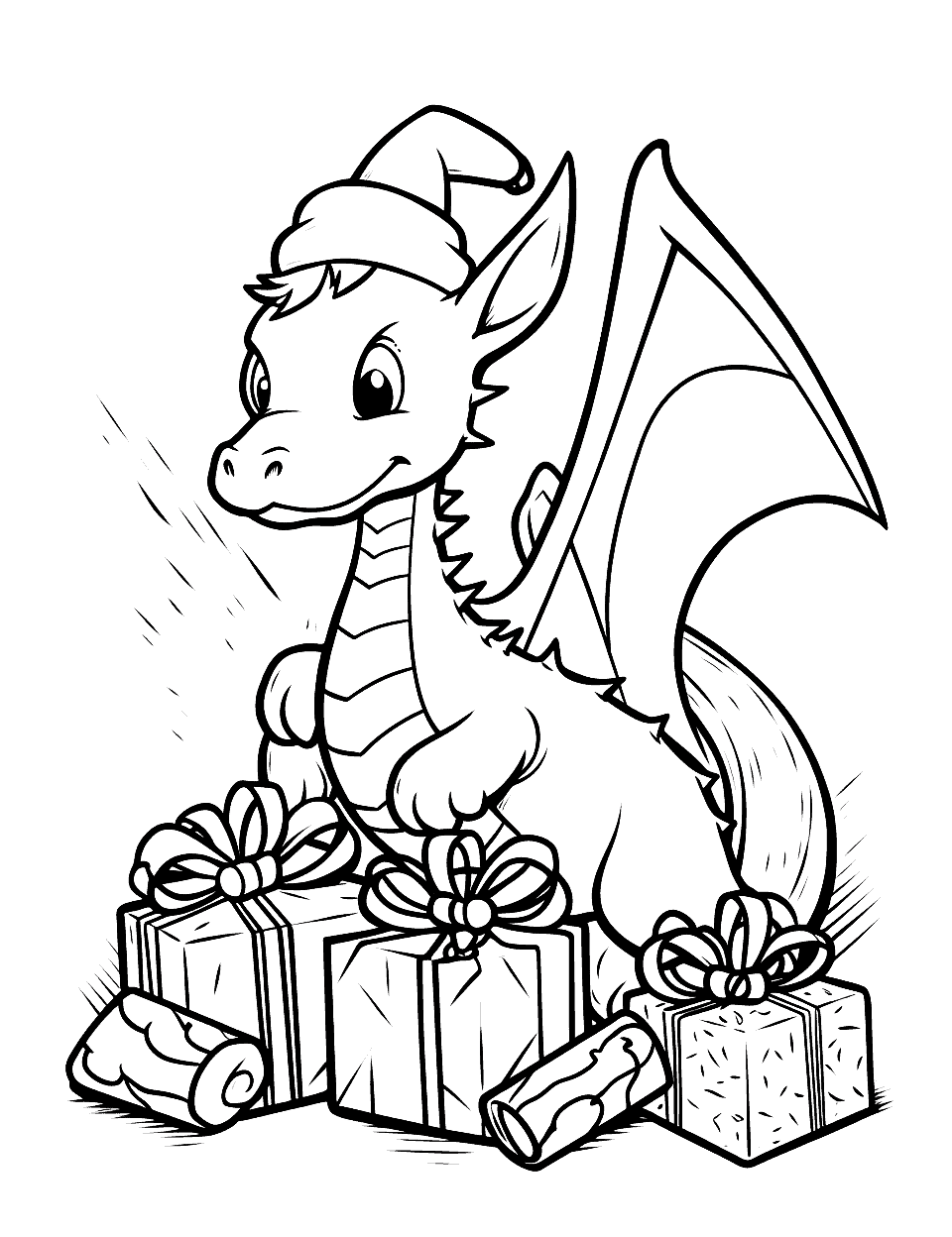 Christmas Dragon Coloring Page - A small friendly dragon in a Santa hat curls his tail around a pile of presents, one wing raised behind him. His belly is drawn as neat stripes, which is the best place to try a color gradient. Green scales with a red hat is the obvious choice, so purple or teal is the fun one.