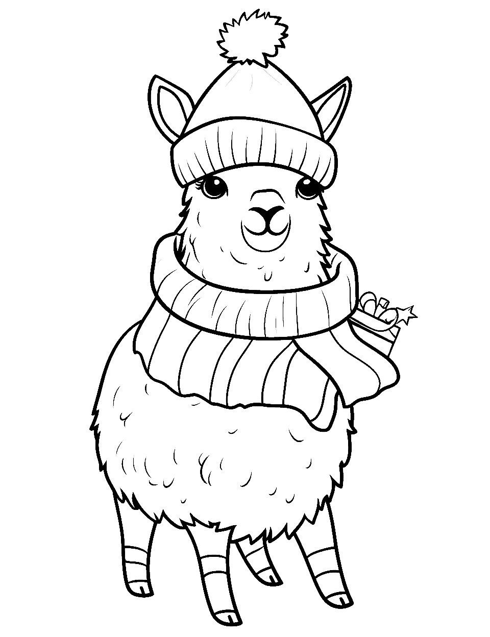 Christmas Llama Coloring Page - A cute llama wearing a Santa hat and a festive scarf.
