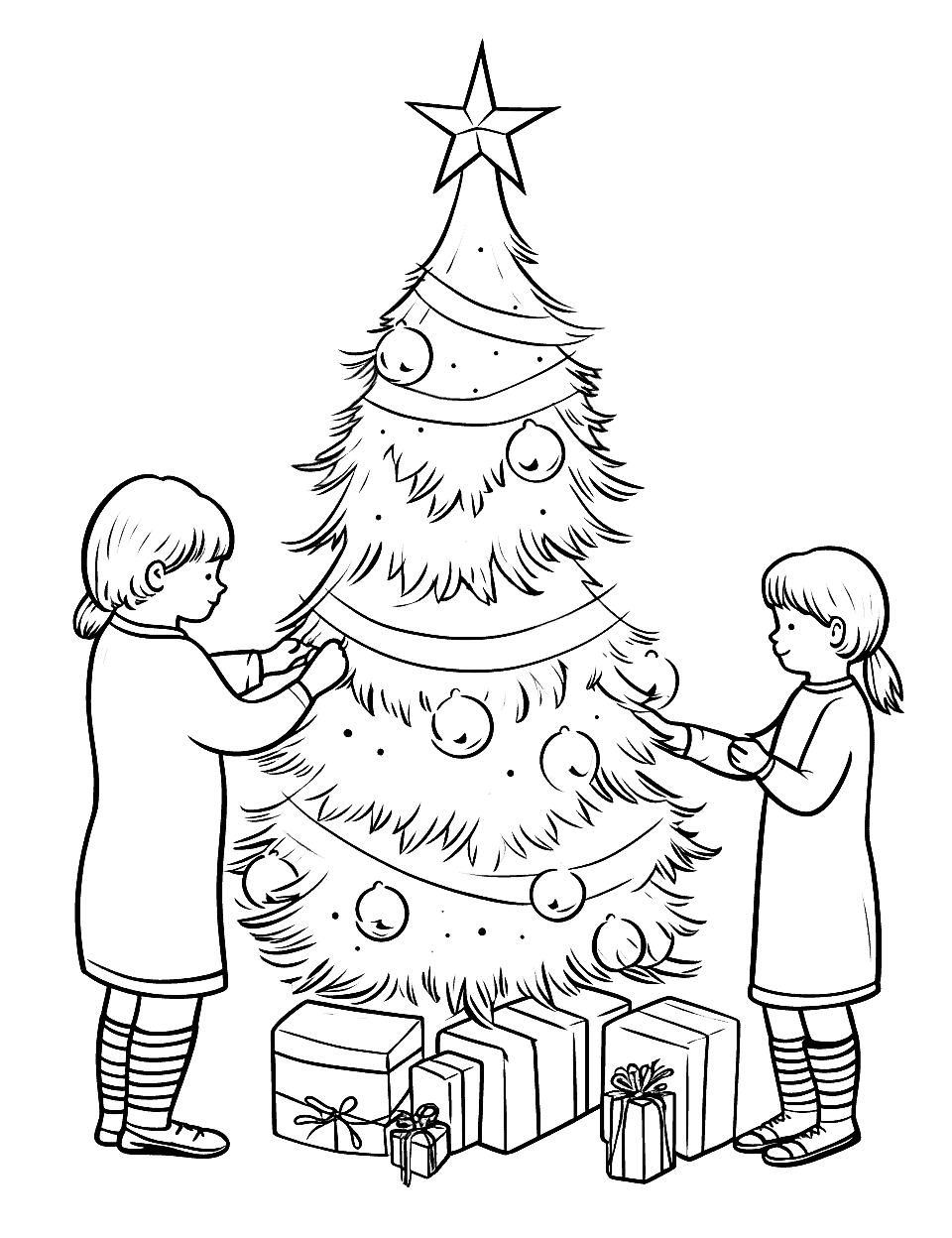 Trimming the Tree Christmas Coloring Page - A family working together to trim the Christmas tree with ornaments and tinsel.