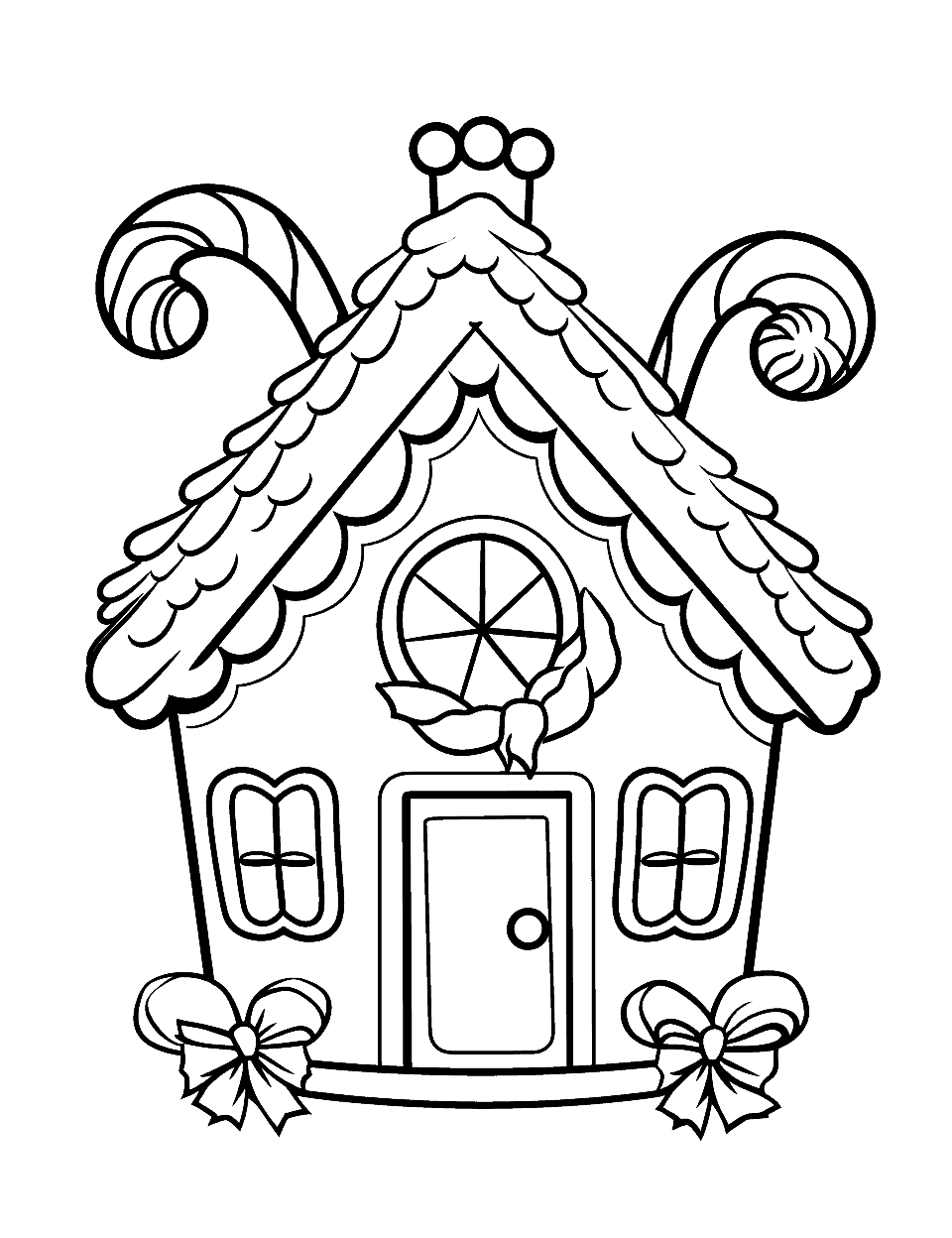 Gingerbread House Coloring Page - A detailed and appetizing gingerbread house with gumdrop decorations and a frosting roof.