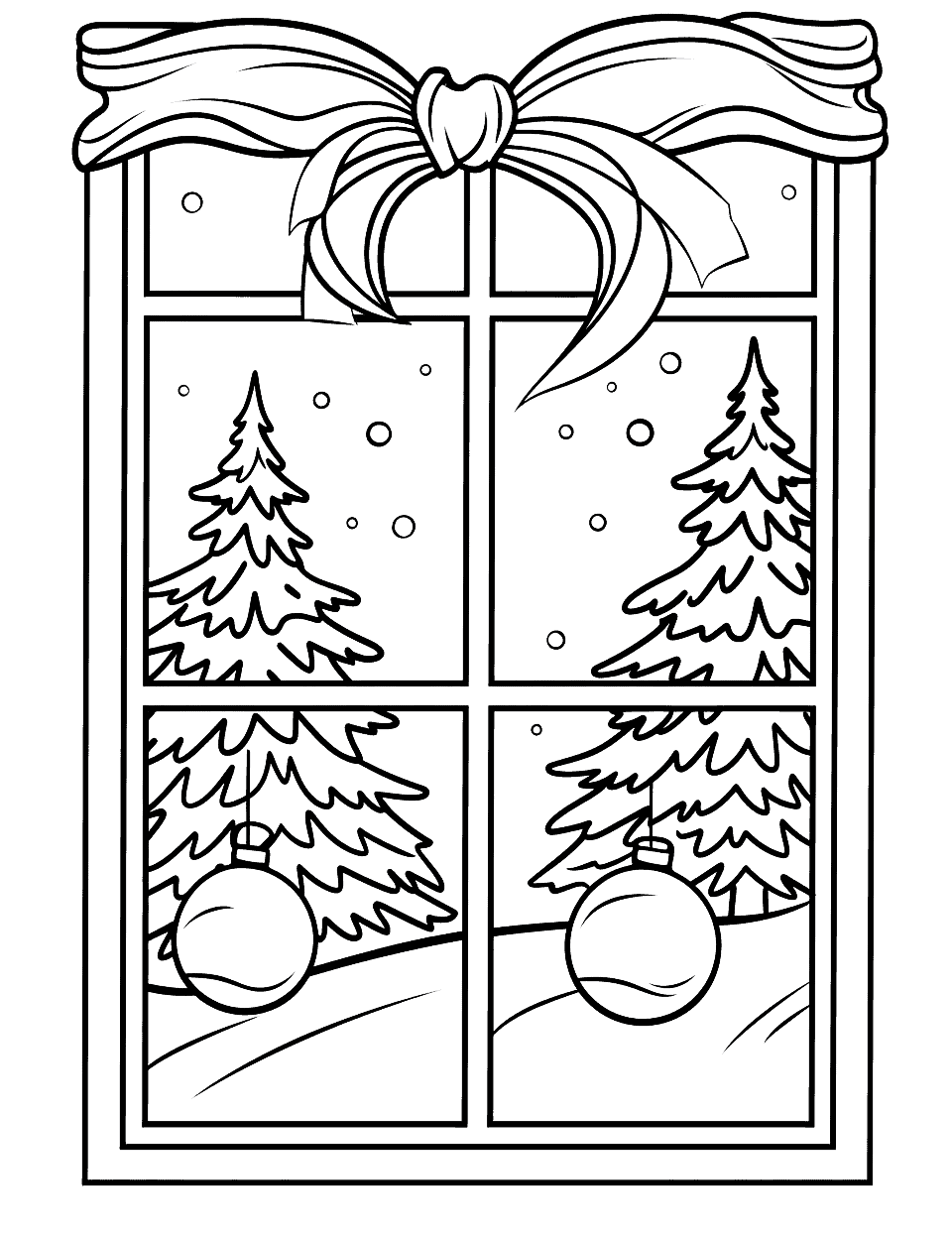 Winter Window Pane Christmas Coloring Page - Look through a six pane window at two snowy pines with baubles hanging in front of them, a fat bow tied across the top of the frame. Straight lines and big open panes make this one of the easiest sheets here. Leave the snow white and let the sky carry the color.