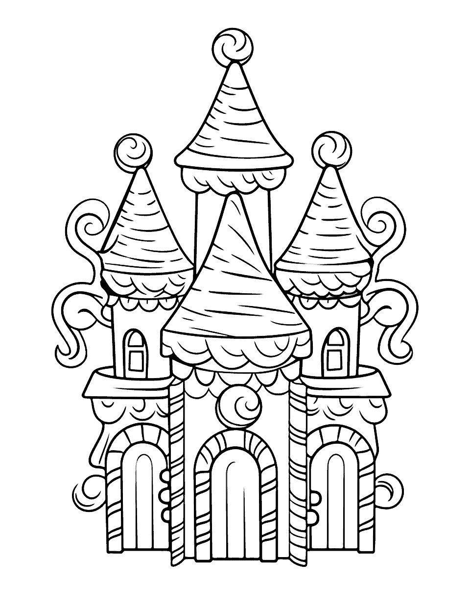 Gingerbread Castle Christmas Coloring Page - A castle with candy decorations, fit for a fairy tale.