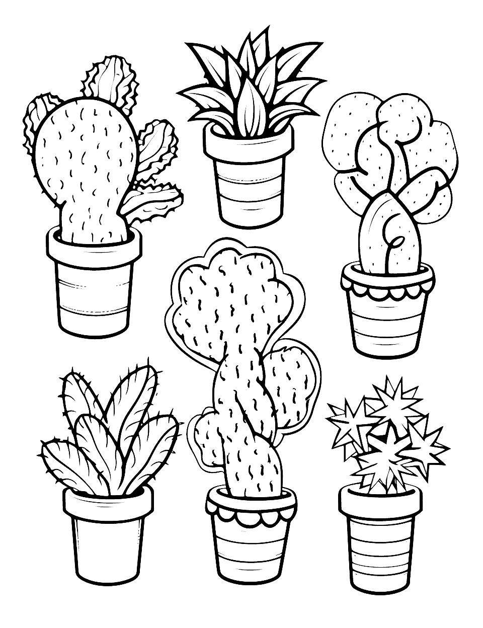 Decorated Cacti Christmas Coloring Page - Six potted cacti line up on this page, one of them sprouting stars instead of flowers. It is the sheet for anyone spending Christmas somewhere warm. The pots are plain enough for a small child while the spines give an older one something to fuss over.