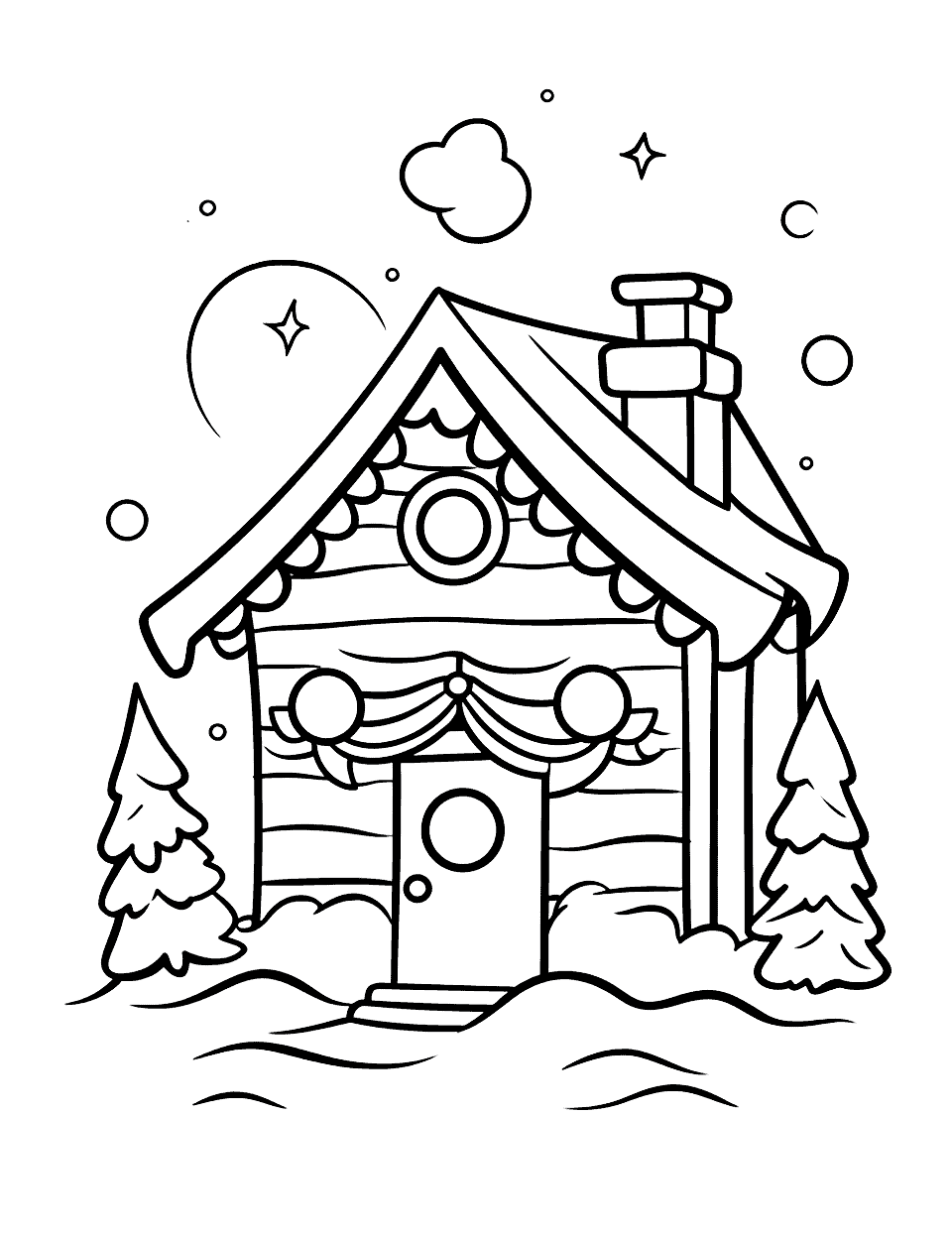 Cozy Christmas Cabin Coloring Page - A small cabin sits in deep snow with a garland strung across the front, a round window above the door and a chimney on the roof. Everything is drawn with a single clean line and no shading, so markers will not muddy it. A warm yellow window against a dark blue night is the version worth printing twice.