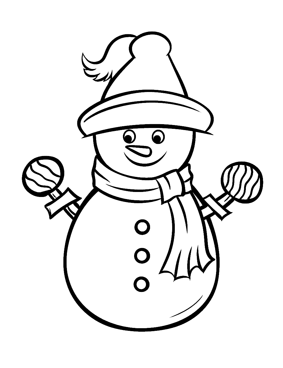 Silly Snowman Christmas Coloring Page - A silly snowman with a carrot nose and wearing a top hat.