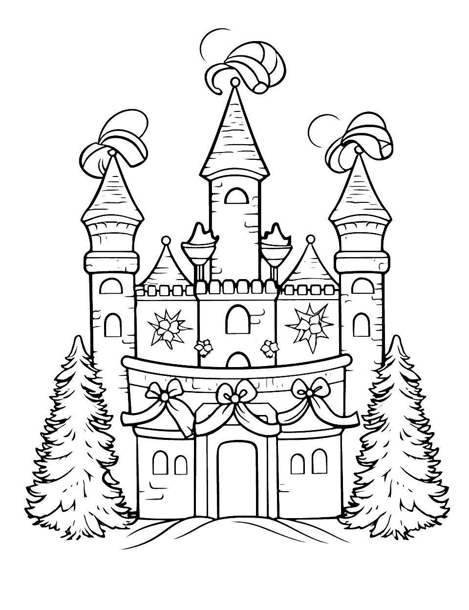 Christmas at the Castle Coloring Page - A grand castle decked out in festive lights and wreaths.