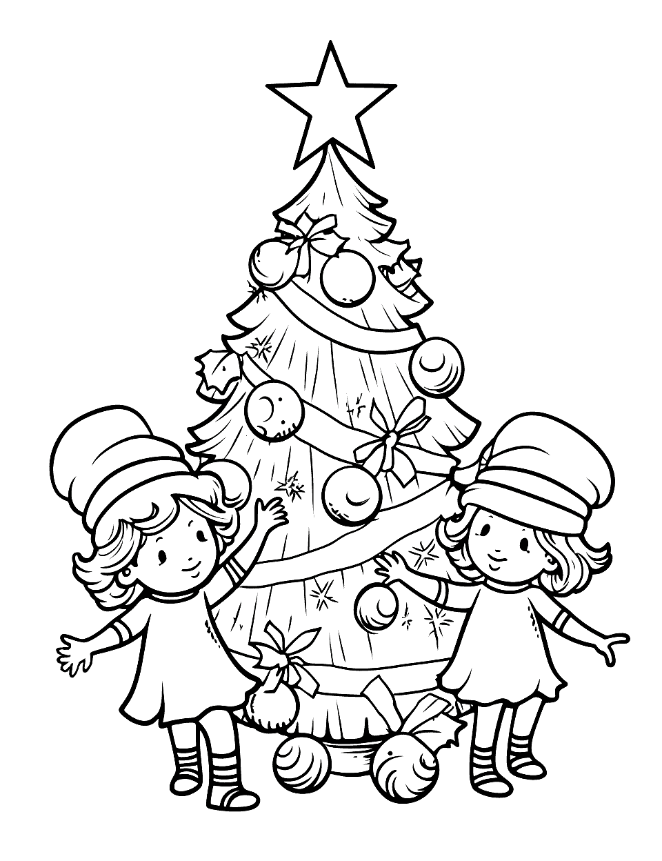 Sugar Plum Fairies Christmas Coloring Page - Sugar plum fairies dancing around a Christmas tree.