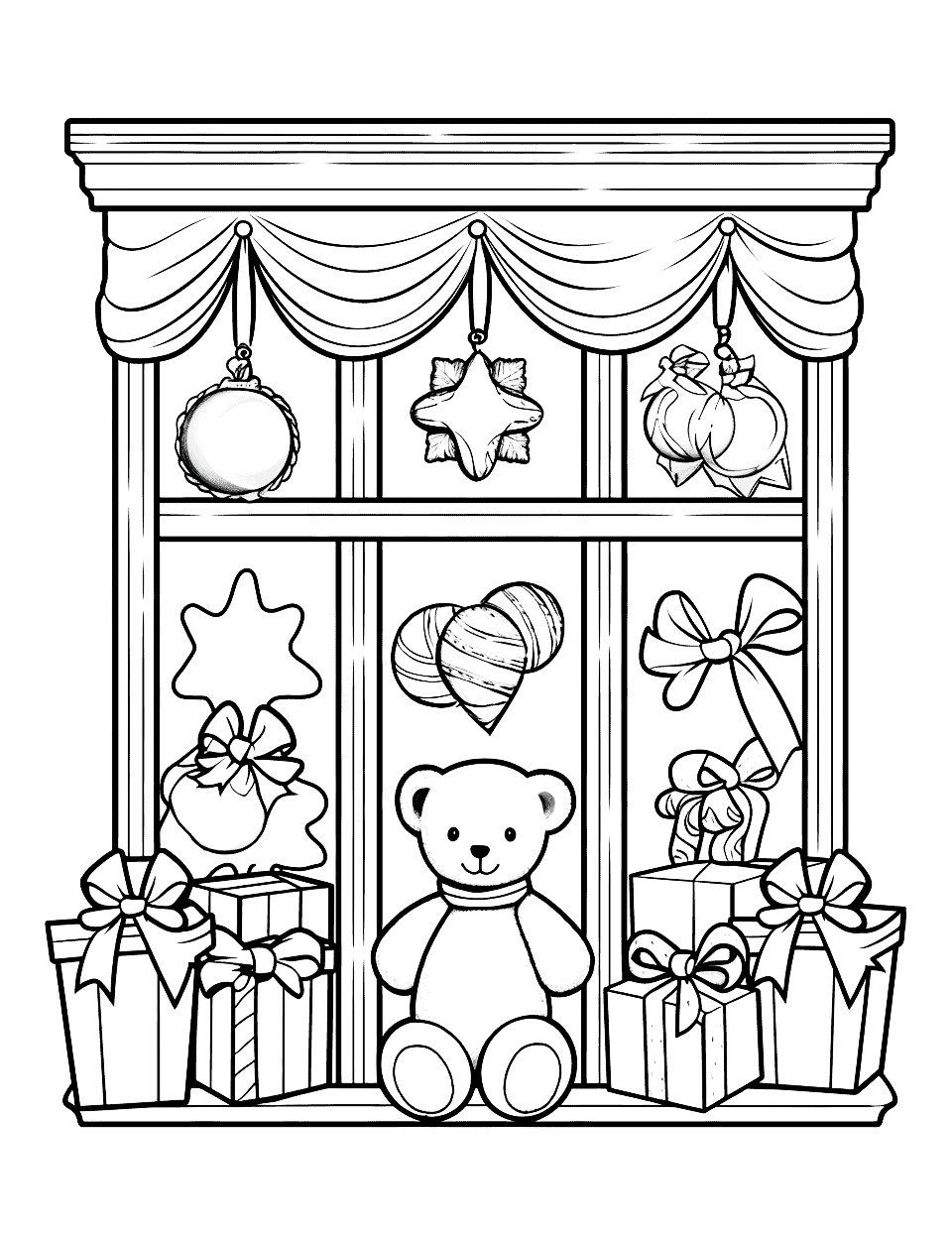 Toy Shop Window Christmas Coloring Page - A toy shop window display full of teddy bears, dolls, and other Christmas gifts.