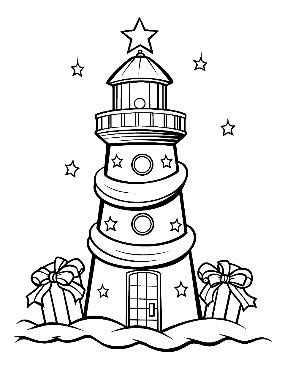 Holiday Lighthouse Christmas Coloring Page - A lighthouse decked out in holiday lights.