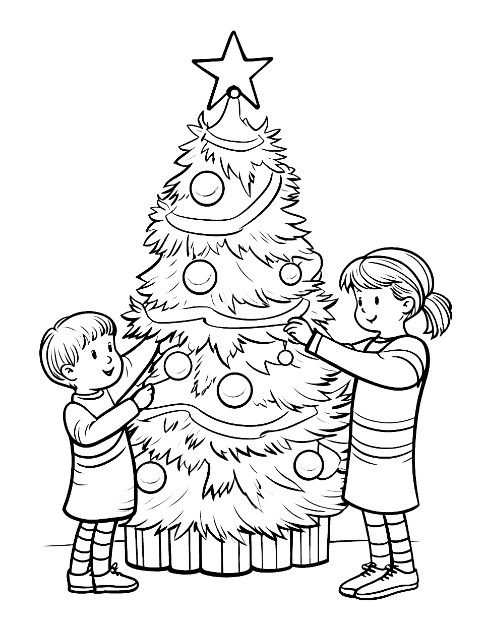 Decorating the Tree Christmas Coloring Page - Kids hanging ornaments on a large, twinkling Christmas tree.