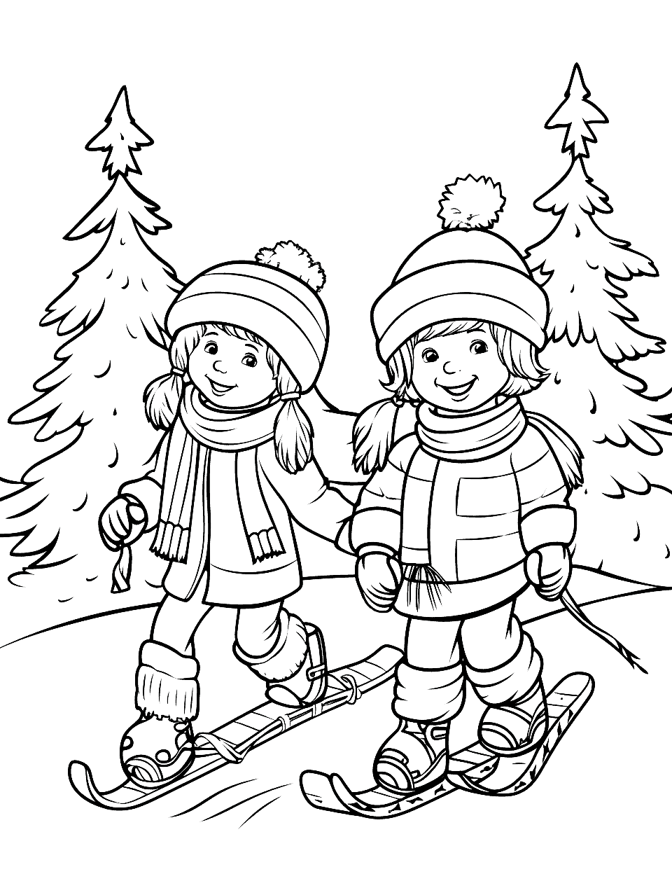 Two Friends in the Snow Christmas Coloring Page - Two friends stand side by side on their boards in fresh snow, pine trees rising behind them. Coats, scarves and bobble hats give you six or seven separate pieces of clothing to color. Matching hats in different colors is a nice detail to point out to a child.