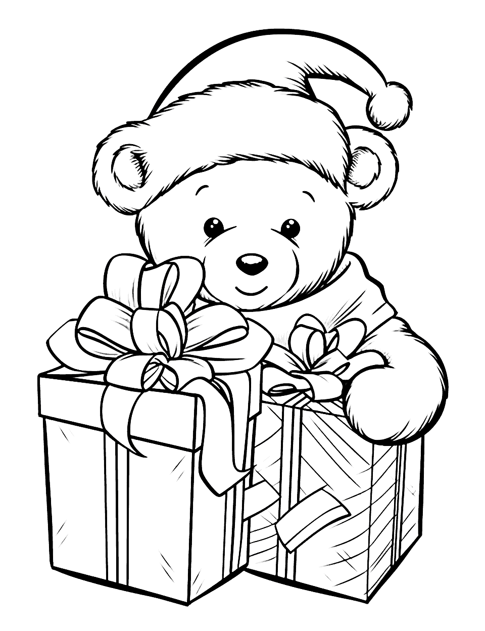 Teddy Bear's Christmas Coloring Page - A cuddly teddy bear opening its Christmas gift.