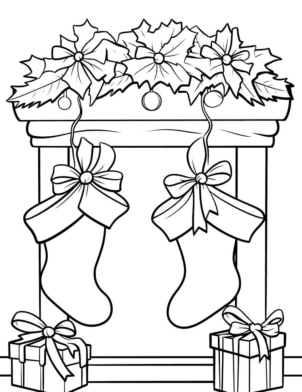 Festive Fireplace Coloring Page - A crackling fireplace with Christmas stockings hanging on the mantel.