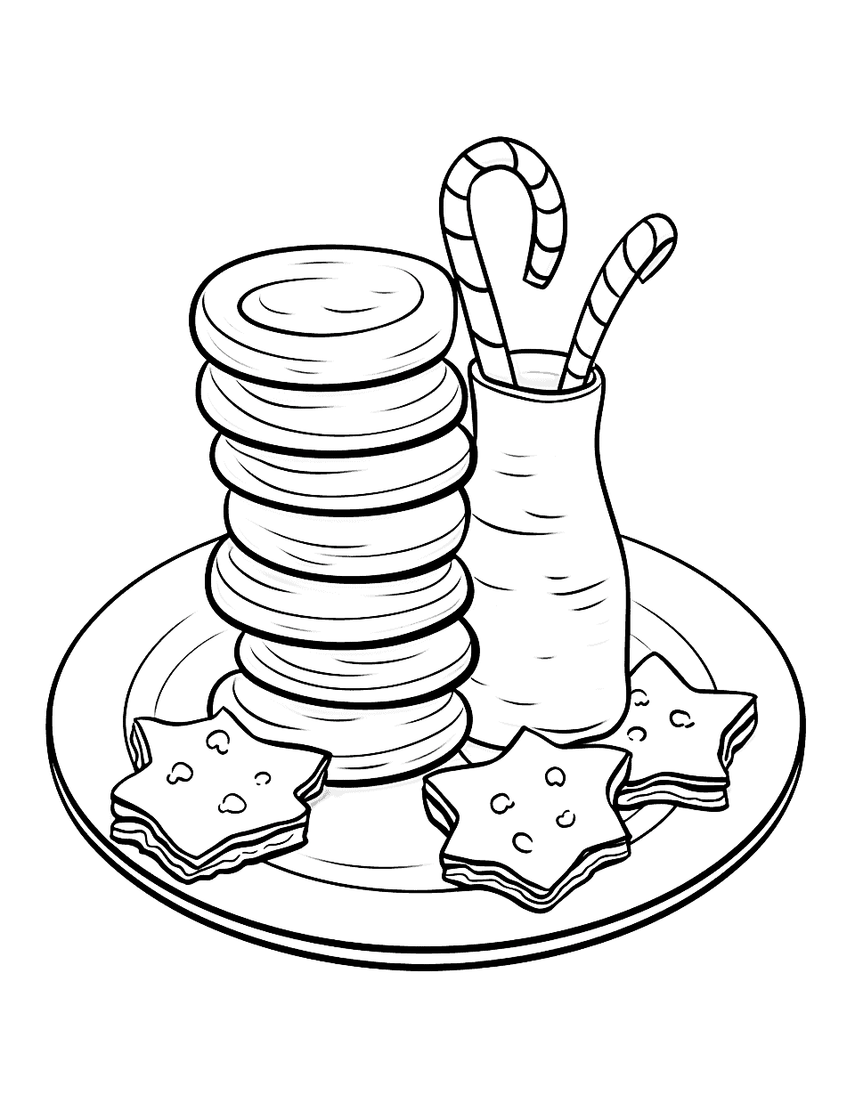 Christmas Cookies for Santa Coloring Page - A plate of Christmas cookies and a glass of milk left out for Santa.