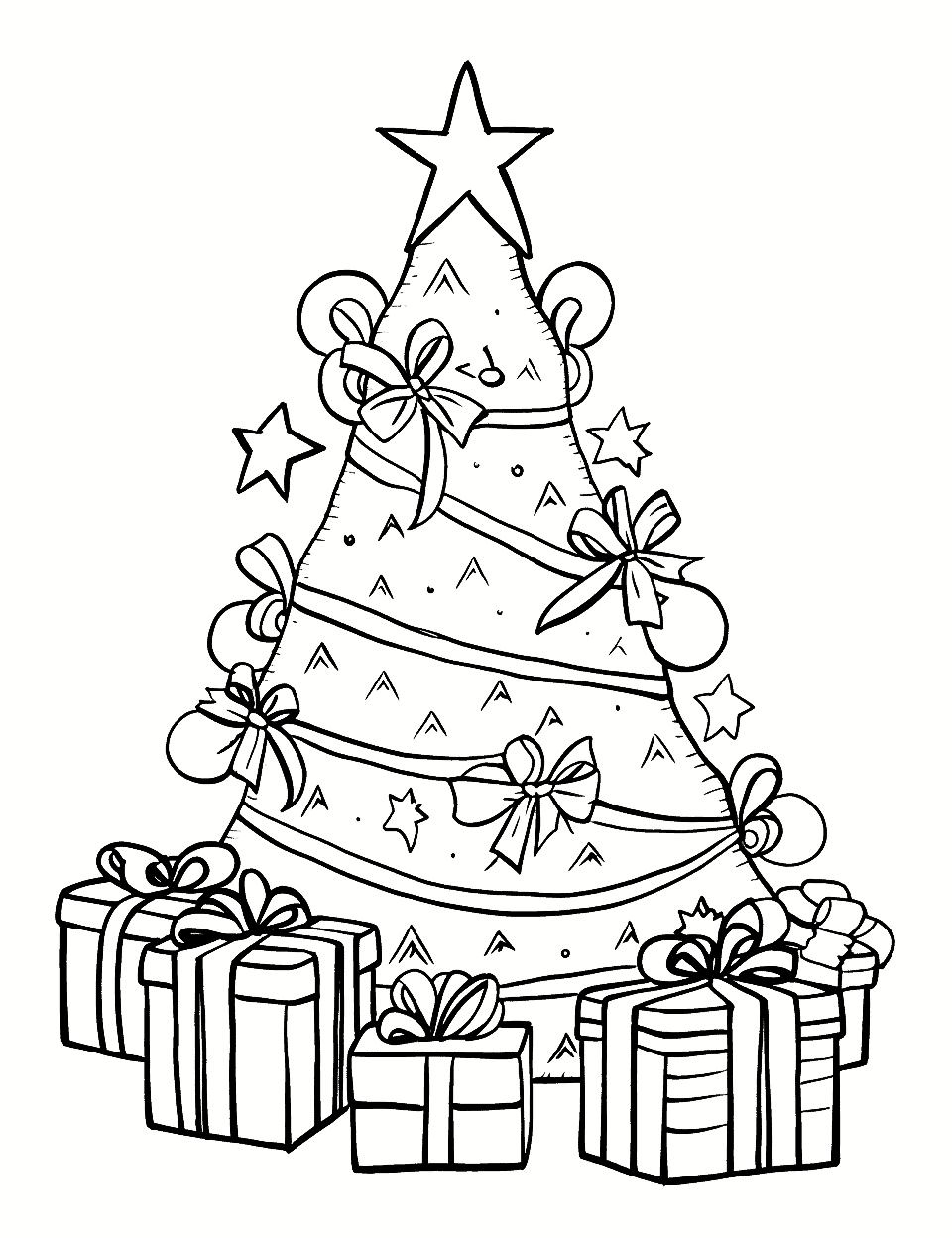 Presents Under the Tree Christmas Coloring Page - Presents of all shapes and sizes under a beautifully decorated Christmas tree.