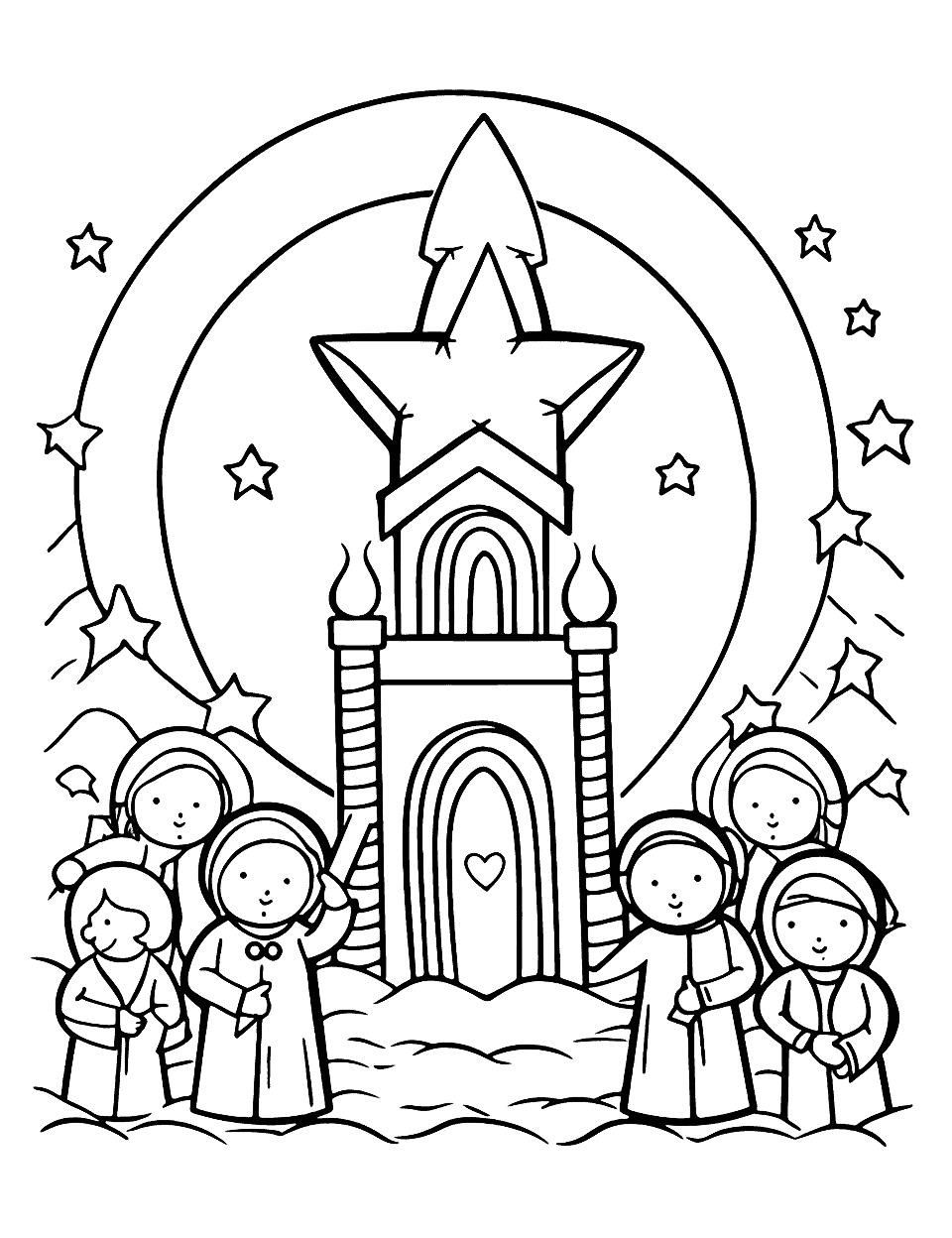 Midnight Mass Christmas Coloring Page - A peaceful scene of a midnight mass with candles and a choir.