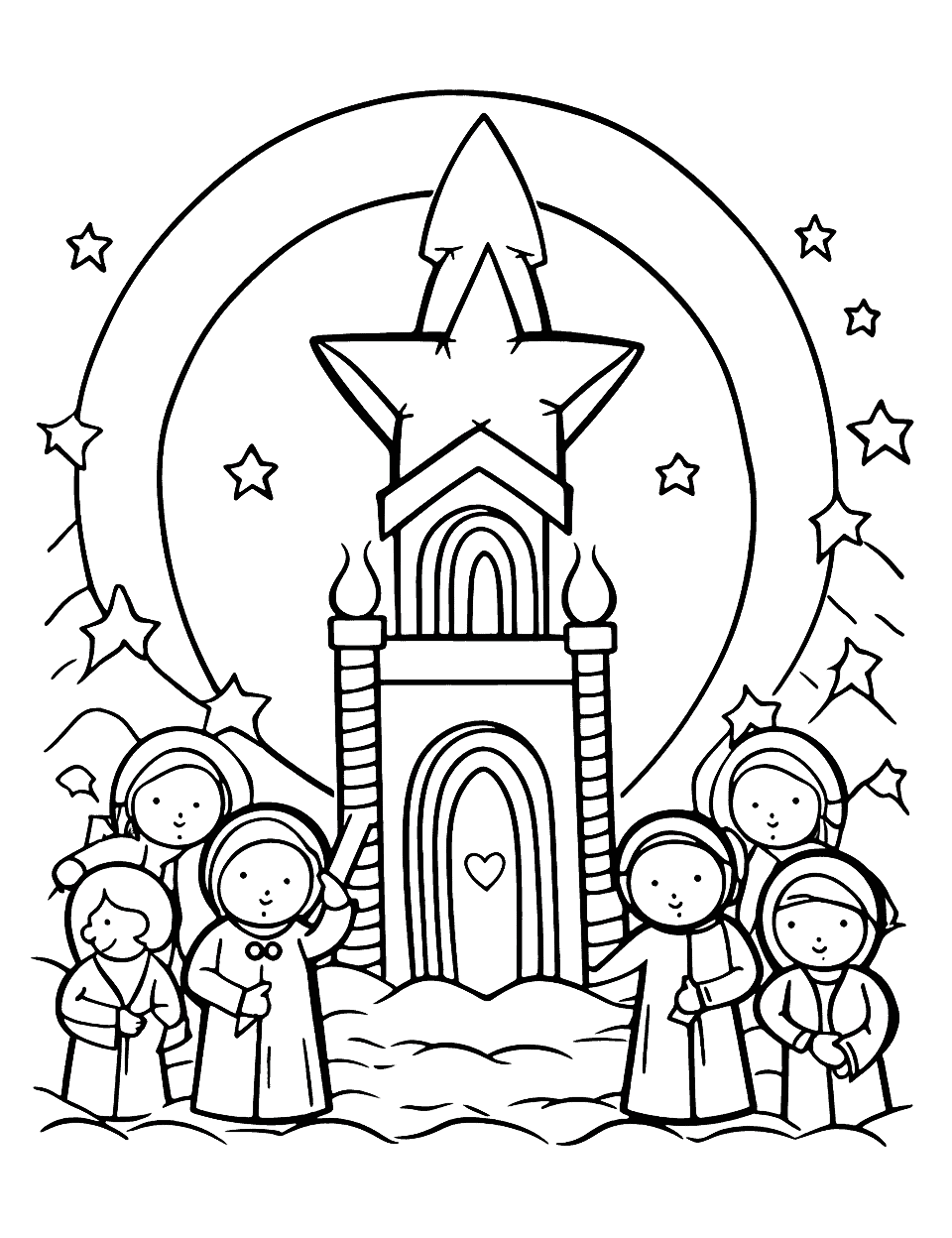 Midnight Mass Coloring Page - A peaceful scene of a midnight mass with candles and a choir.