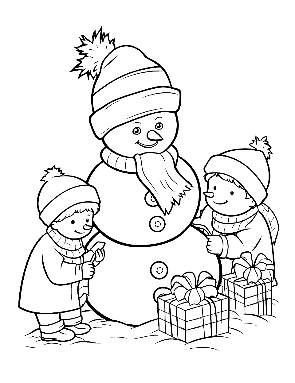Snowman Building Christmas Coloring Page - Bundle up and join the two kids finishing off a big, cheerful snowman in a knitted hat and a long scarf. Presents sit in the snow beside him, waiting for their own colors. The snowman himself is mostly white space, so reach for glitter glue or a pale blue shadow instead of solid color.