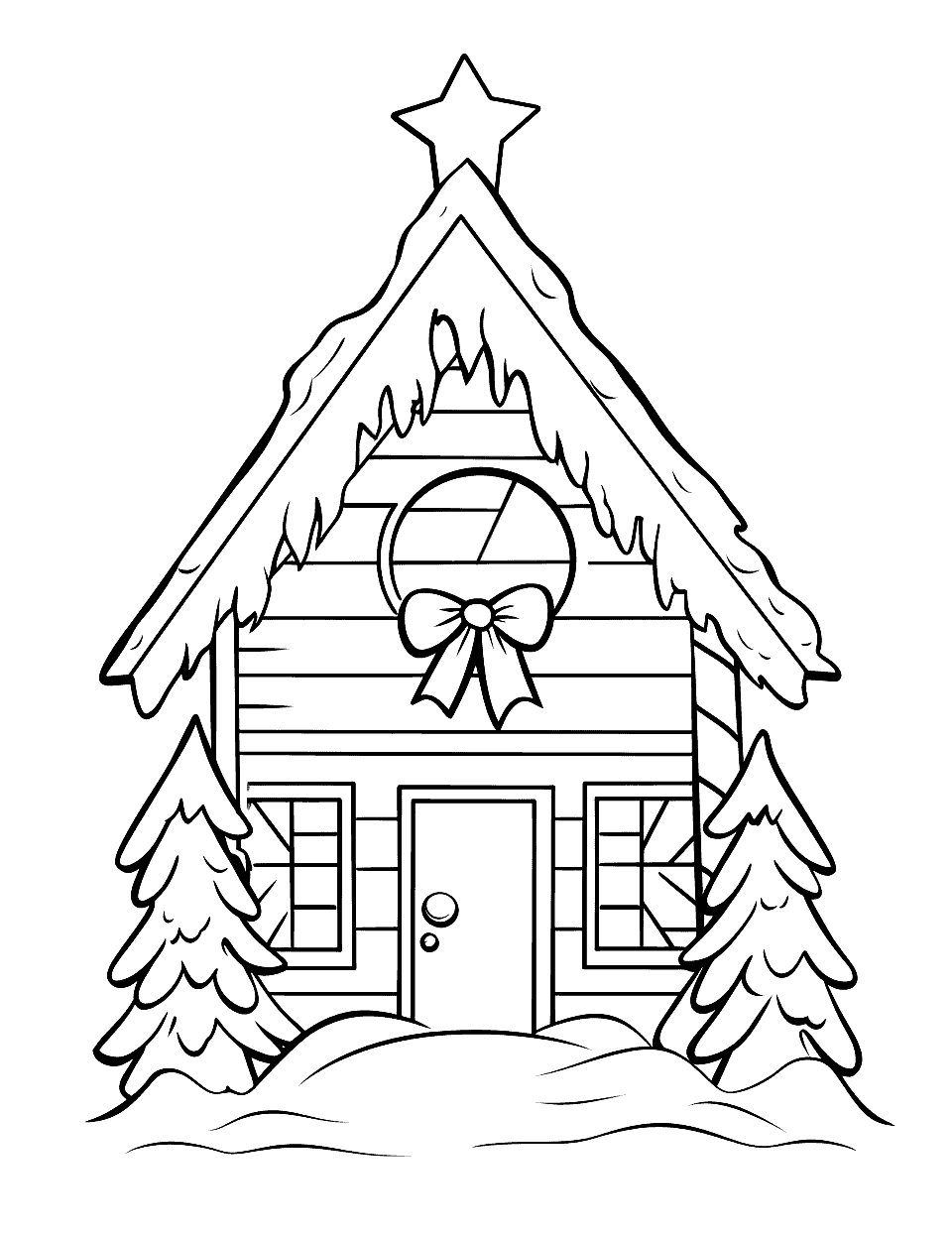 Lodge Christmas Coloring Page - A Christmas-decorated lodge covered in snow.