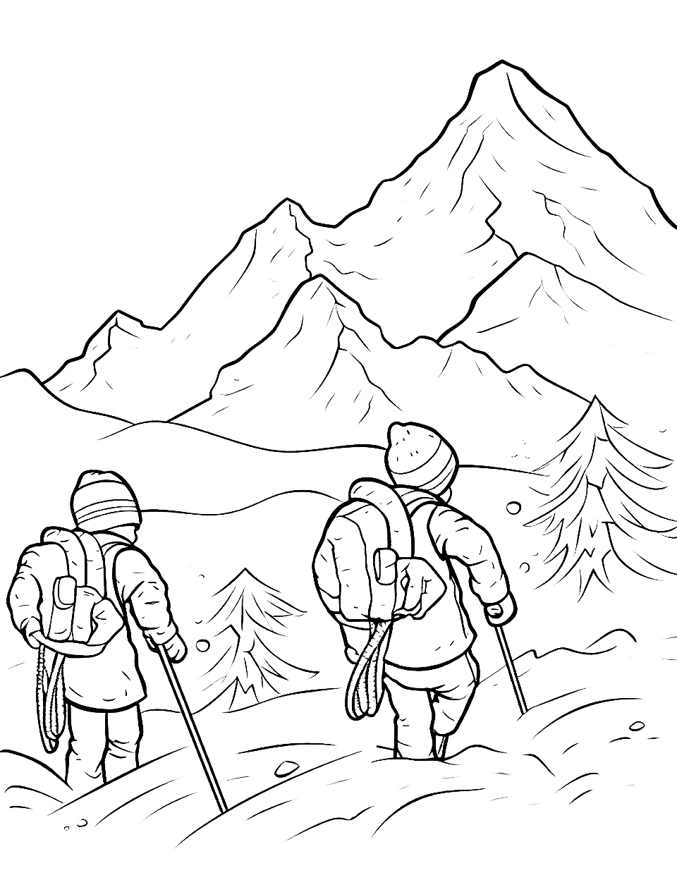 Snowy Mountain Adventure Christmas Coloring Page - A group of friends walking down a snowy mountain.