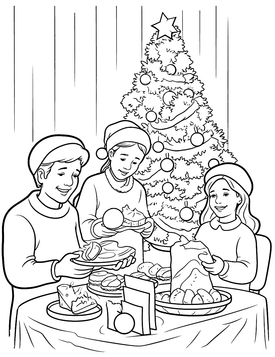 Christmas Breakfast Coloring Page - A family enjoying a hearty Christmas breakfast with pancakes and hot cocoa.