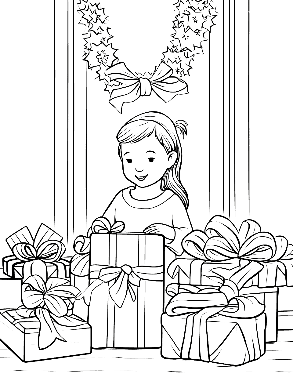 Gift Wrapping Station Christmas Coloring Page - A busy gift-wrapping station with rolls of wrapping paper and colorful ribbons.