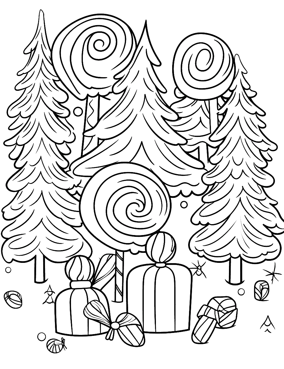 Candy Cane Forest Christmas Coloring Page - A fantasy forest made of candy canes and other sweet treats.