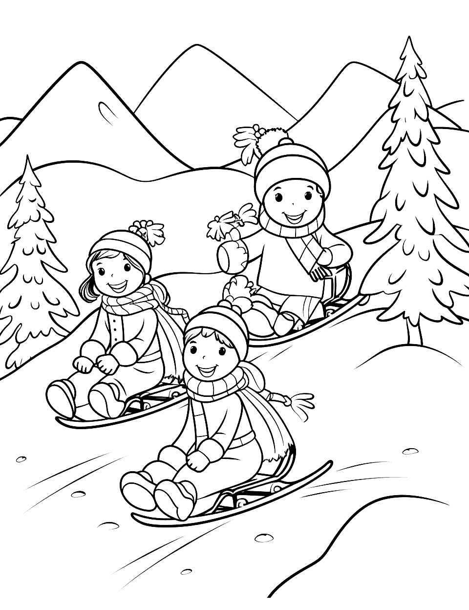 Sledding With Friends Christmas Coloring Page - Three kids race down the slope on sleds, one out in front and two coming up behind, with mountains in the distance. Scarves streaming out sideways do the work of showing speed. Bright coats against a mostly white hill is the whole trick here.