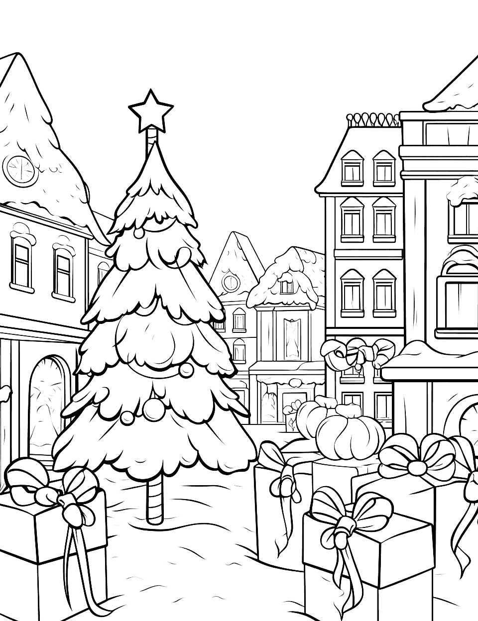 Christmas Tree in Town Coloring Page - Christmas tree decorated with gifts in the middle of a town