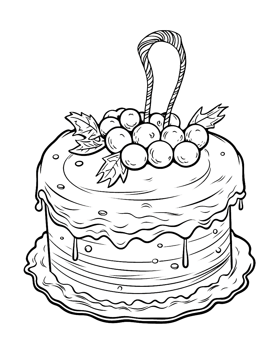 Fruitcake Fun Christmas Coloring Page - A festive fruitcake with cherries, nuts, and a light dusting of powdered sugar.