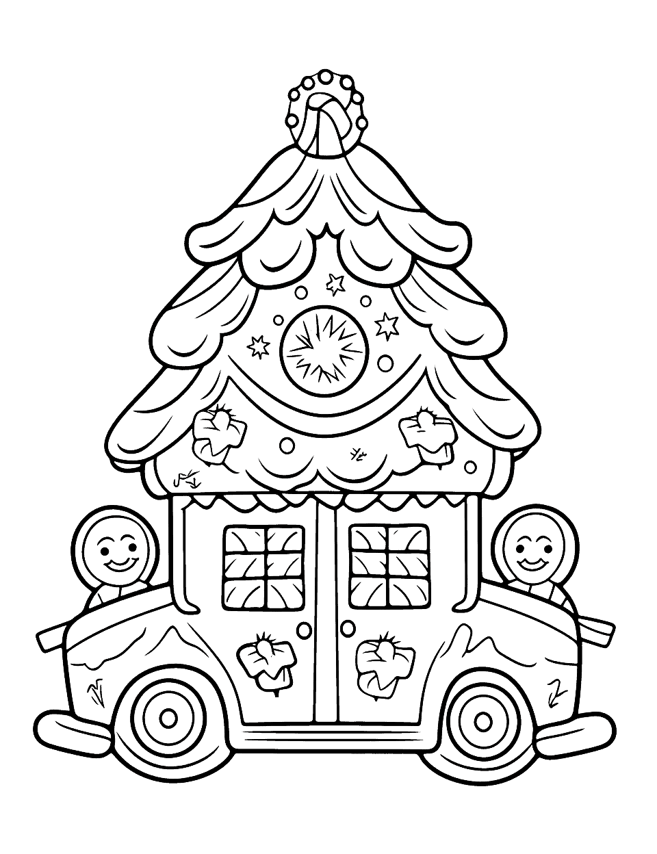 Gingerbread Family Car Christmas Coloring Page - A gingerbread family driving in a gingerbread car, heading to a holiday party.