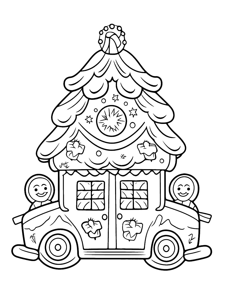 Gingerbread Family Car Coloring Page - A gingerbread family driving in a gingerbread car, heading to a holiday party.