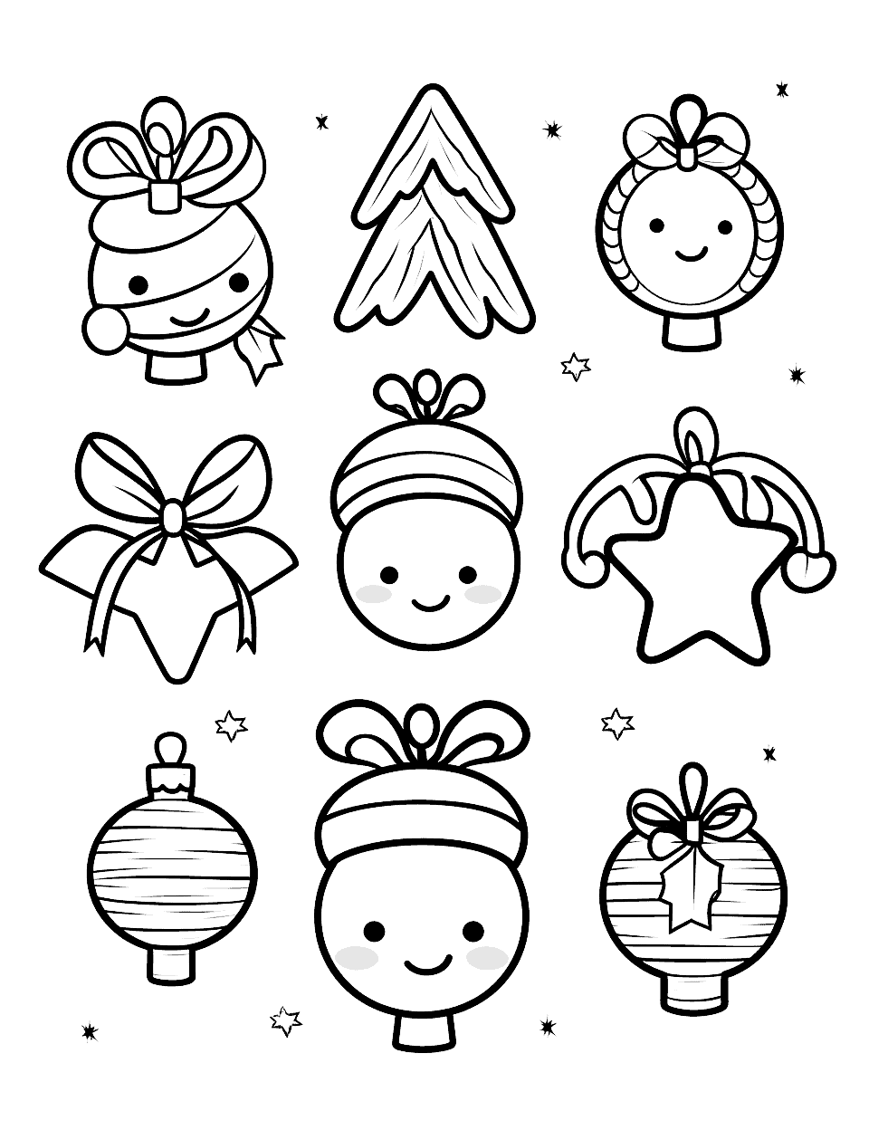 Kawaii Christmas Ornaments Coloring Page - Nine kawaii-inspired ornaments sit in a tidy grid: round baubles with blushing faces, a plain little tree, a bow, and a star. Each one is separate, so a child can color one, walk away, and come back later without losing the thread. Cut them out afterward and they double as gift tags.