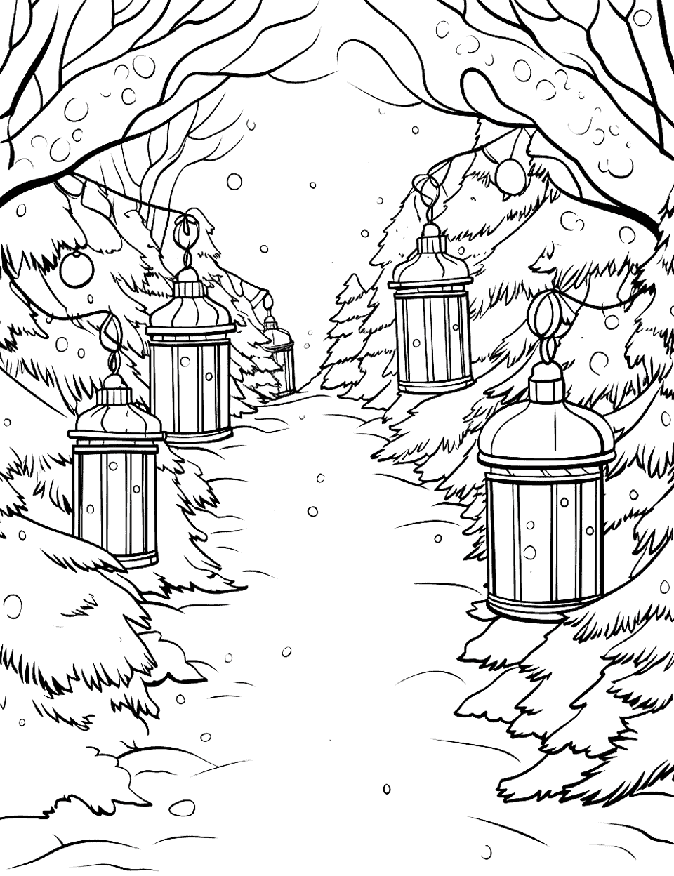 Christmas Lanterns Coloring Page - Five lanterns hang from snowy branches over a path that runs between two decorated trees. The trees are drawn with dense feathery needles, so this one is slower than it first looks. Leave the lantern glass pale so the light reads as light, and go dark on everything around it.