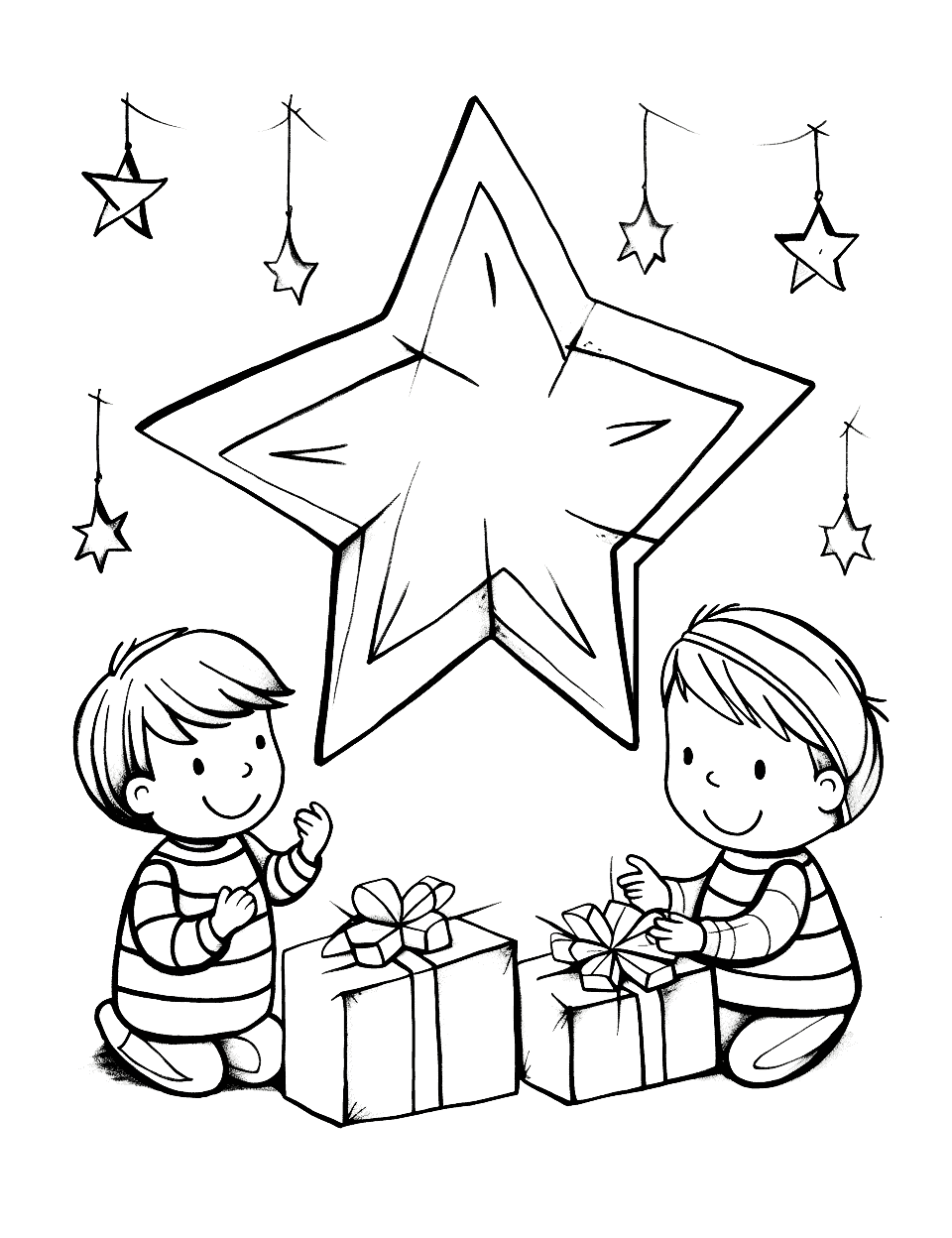 Holiday Origami Coloring Page - Kids making holiday origami, like paper stars.