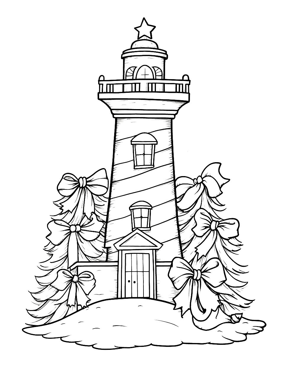 Christmas Lighthouse Coloring Page - A lighthouse guiding Santa’s sleigh with its festive light.