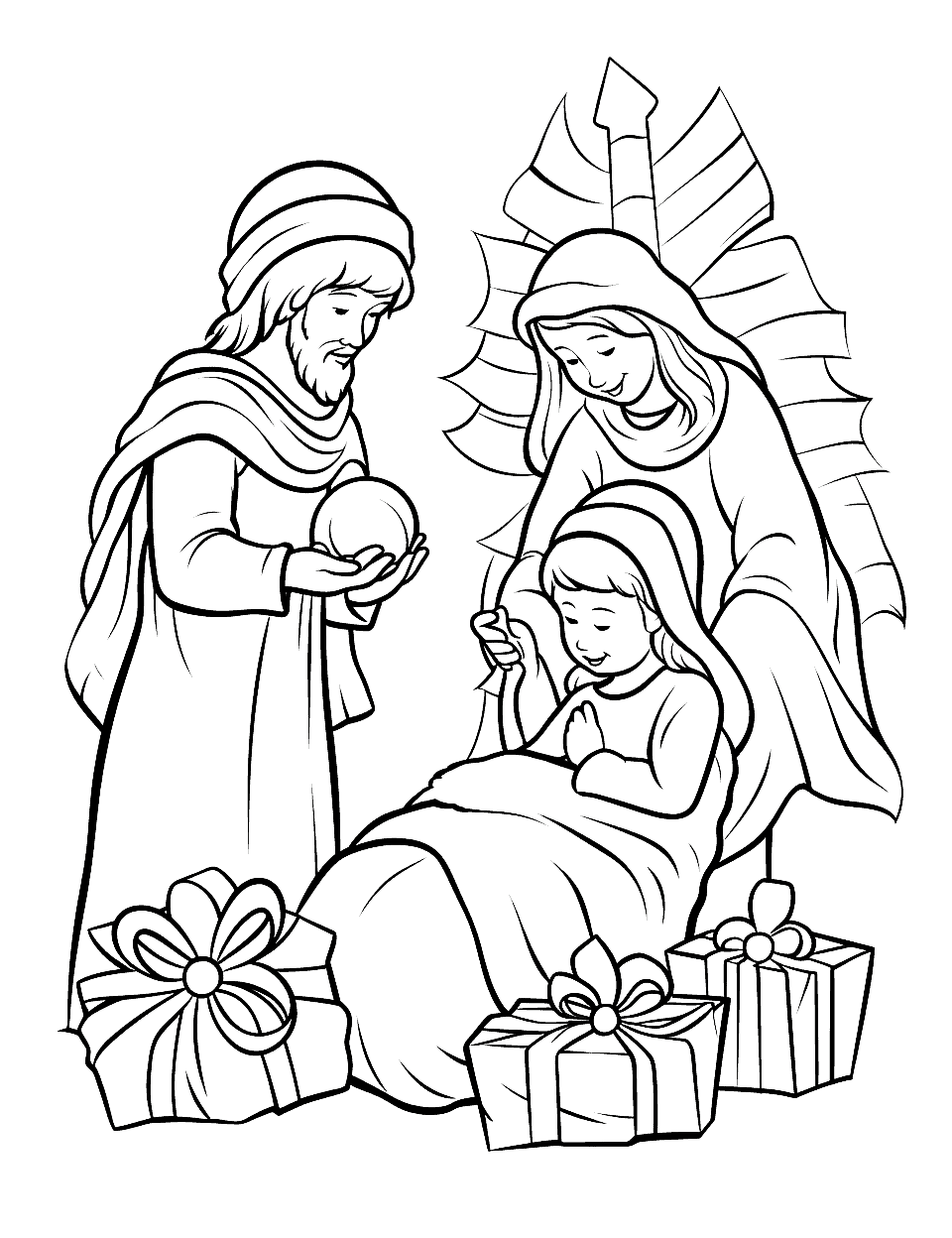 Nativity Scene Christmas Coloring Page - A coloring page depicting a classic nativity scene.