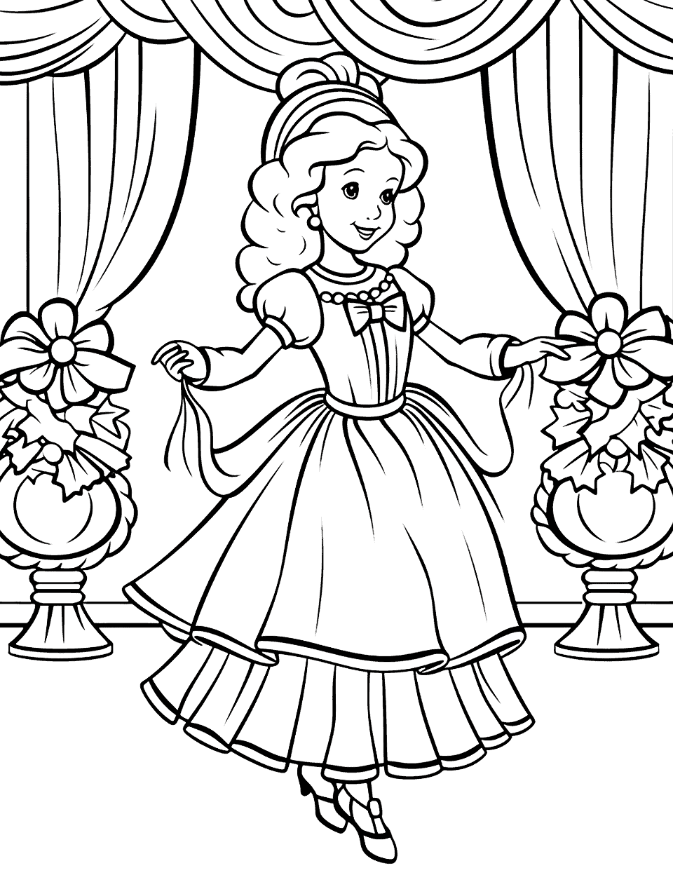 Nutcracker Ballet Christmas Coloring Page - A scene from the famous Nutcracker ballet with the Sugar Plum Fairy.