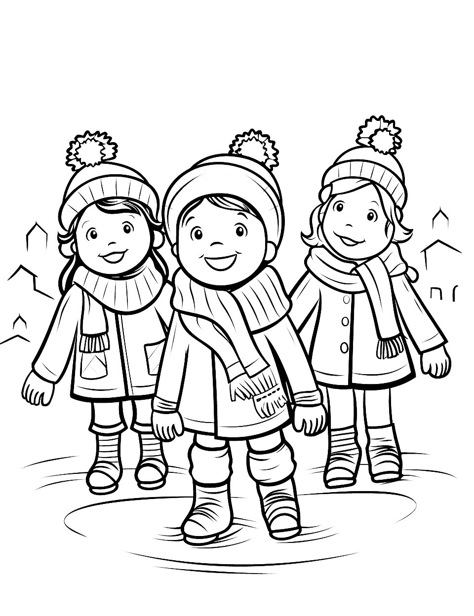 Ice Skating Party Christmas Coloring Page - Friends having fun at an ice skating party on a frozen pond.