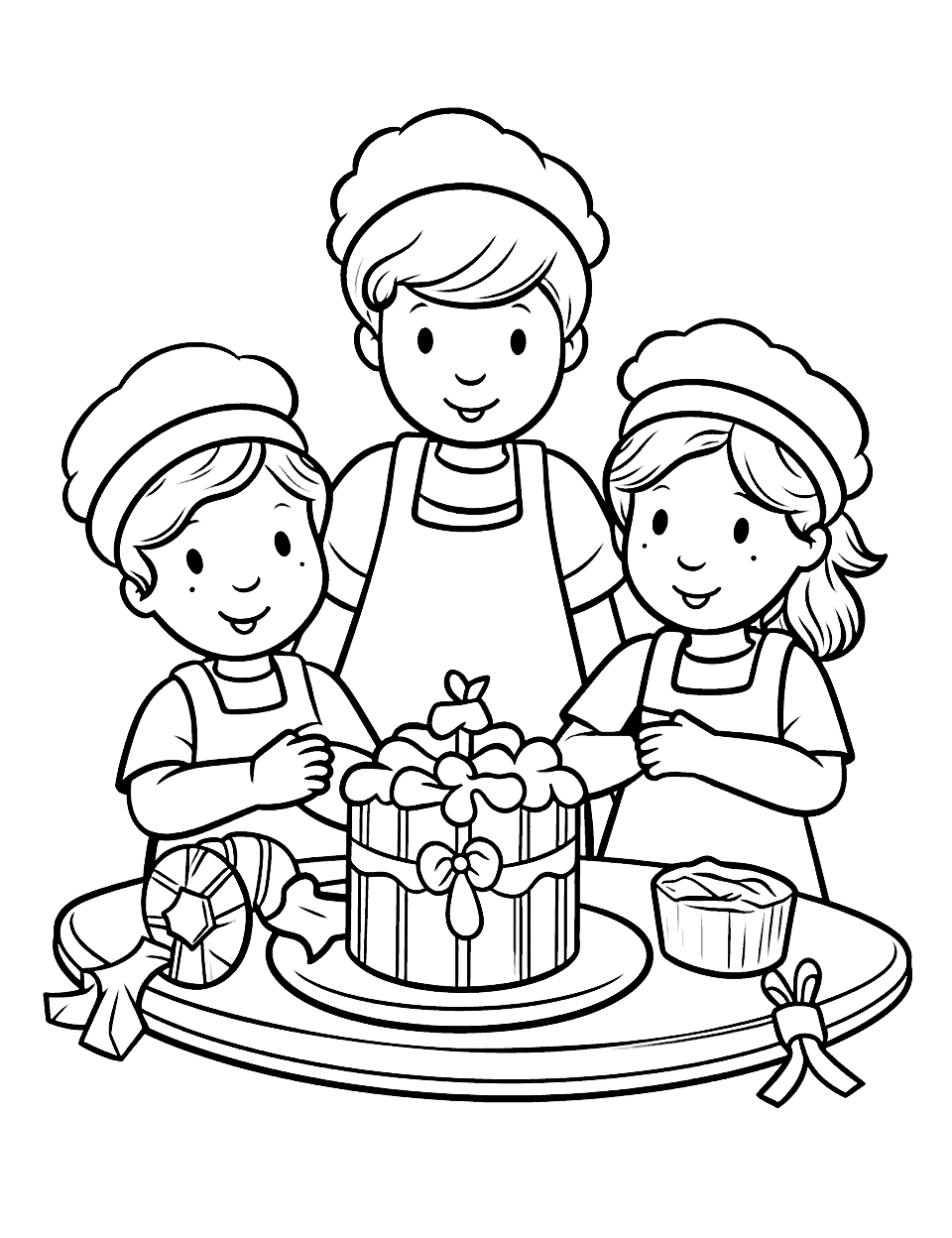 Holiday Baking Coloring Page - A scene of kids and parents baking holiday cookies and pies.