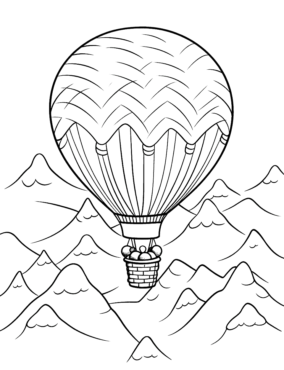 Hot Air Balloon Adventure Coloring Page - A hot air balloon ride over a snow-covered landscape.