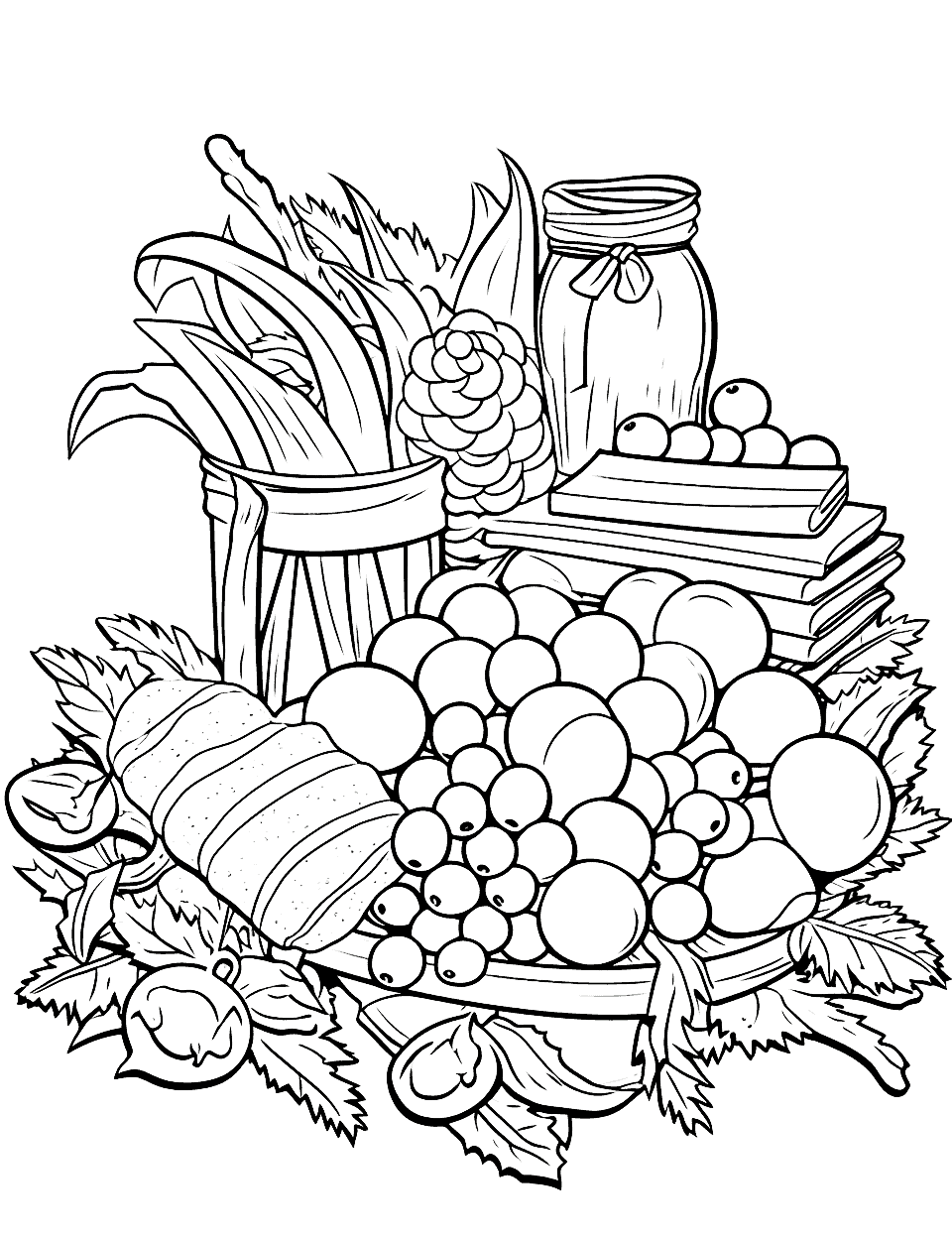 Detailed Holiday Feast Coloring Page - A rich and detailed coloring page showing a holiday feast with all the trimmings.