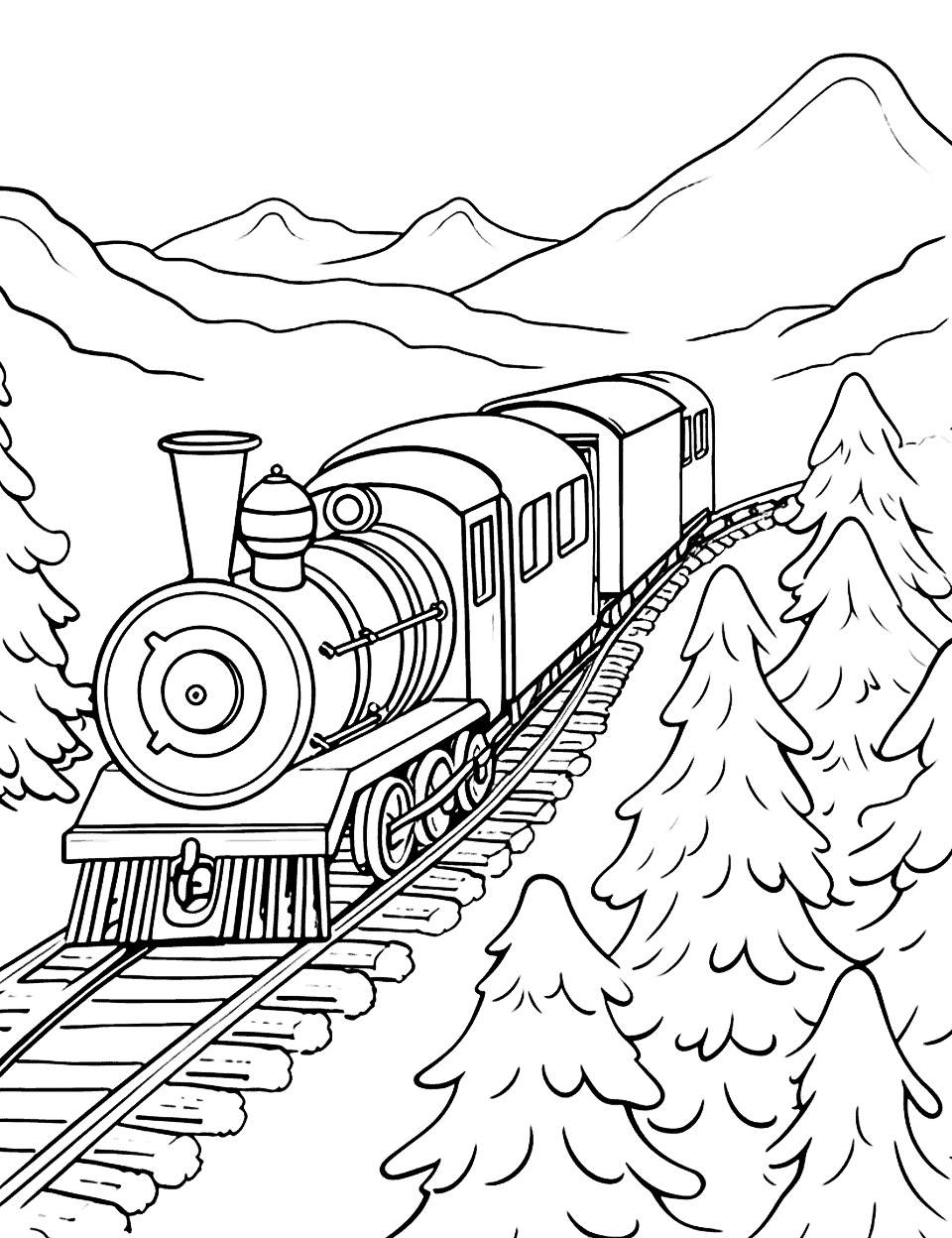Holiday Train Ride Christmas Coloring Page - A holiday train chugging through a wintry countryside.