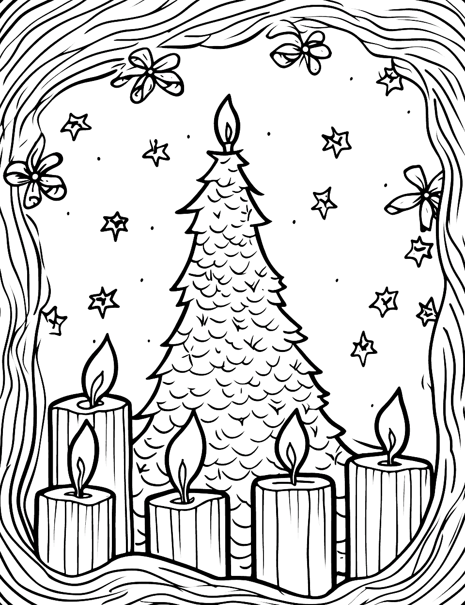 Christmas Candlelight Coloring Page - A tree stands behind four fat candles inside a wavy frame hung with small bows and stars. The frame turns the whole page into a card front. Warm orange flames against a dark background is worth the extra effort here.