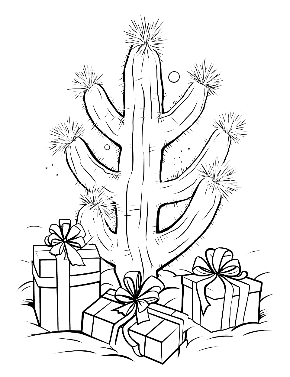 Christmas in the Desert Coloring Page - A desert scene featuring a cactus and Christmas gifts.