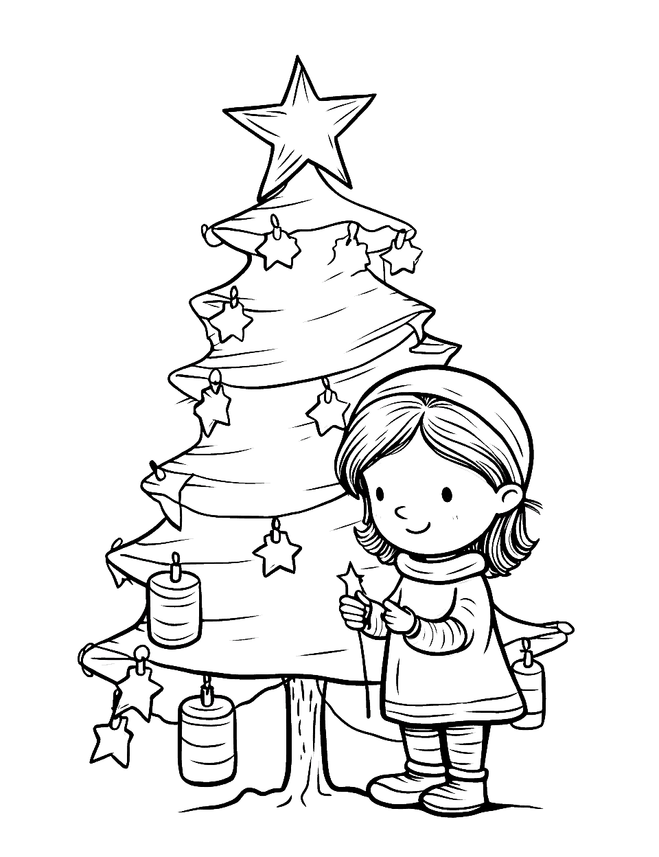 Fairy Lights Coloring Page - A little girl lighting up a Christmas tree with her magical lights.